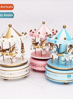 New wooden carousel music box Christmas gift pink music box