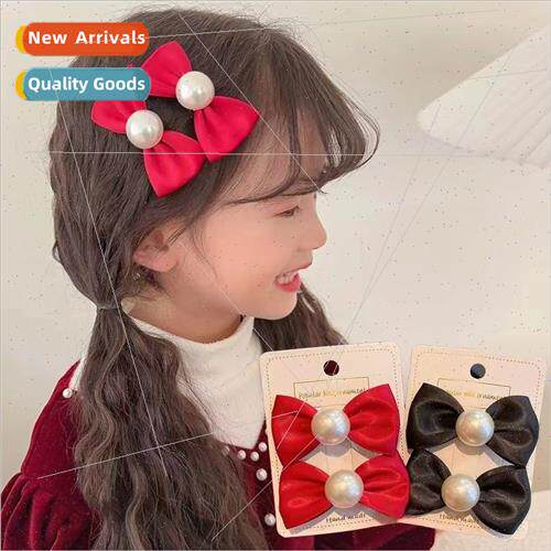 Red bow hair clips children high color pearl hair card baby