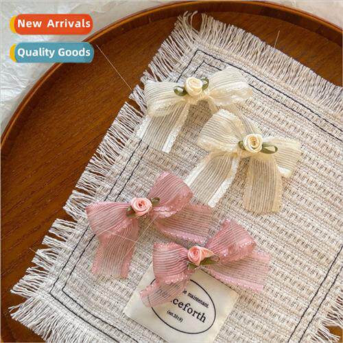 Pink flowers bow hair clips sweet girl mesh netting bangs cl