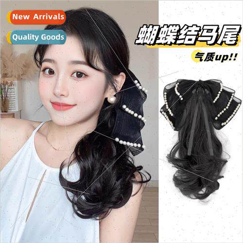 Ponytail wig women pearl bow scrunchy clip-on curly hair big