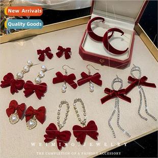 bow pearl red needle festive flocking earrings lver heart