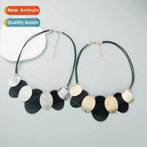 Europe geometric oval leather rope collarbone chain vintage