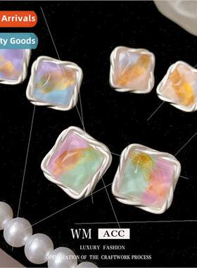lver needle jelly color blocking pleated square earrings Kor