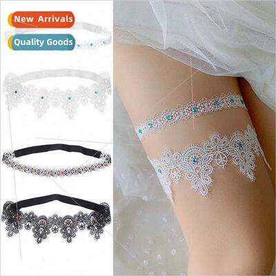 Western Wedding Bridal Garter Blue Rhinestone Embellished Wh