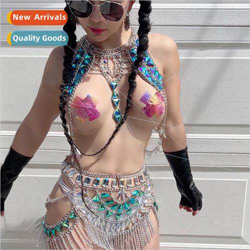 Europe rhinestone tassel chest chain sexy bikini set beach f