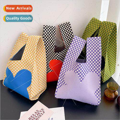 Korean spring summer checkerboard checkerboard knted bag woo