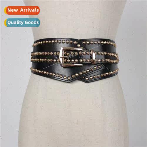 Autumn winter splicing wide elastic female belt metal small