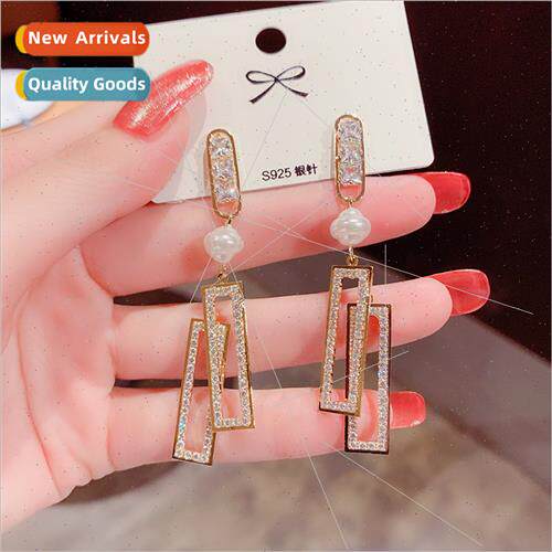 2020 new rectangular zirconia earrings female s925 silver ne