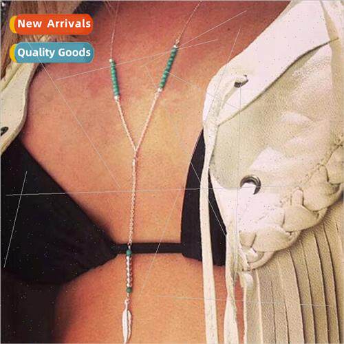 Europe Women Long Tassel Vintage Sweater Chain Jewelry Turqu