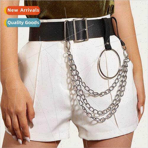Men women fashion simple black large circle metal chain belt