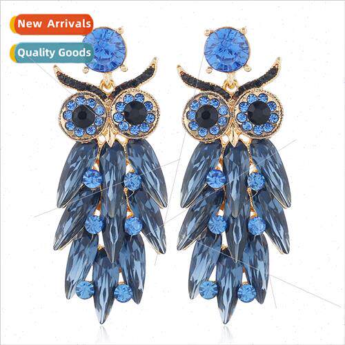 Europe glass rhinestone owl long earrings retro fashion earr