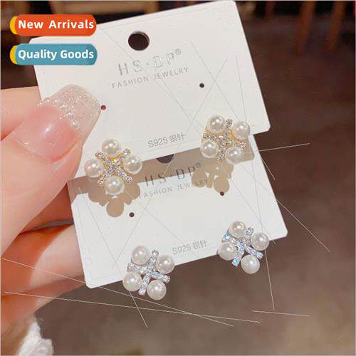 French gentle fashion flower pearl earrings s925 silver pin