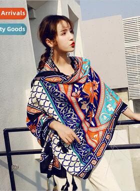 2023 spring cotton linen printed scarf ethnic seaside vacati