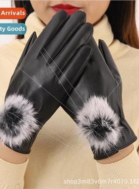 Women leather gloves winter padded warm windproKorean fashio