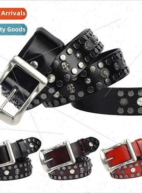 Men Belt Rivet Punk Leather Belt Studded Skull Day Buckle Eu
