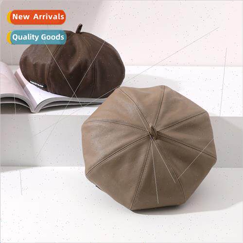 Autumn winter hat female pu leather beret Korean  octagonal