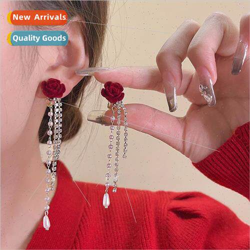 Autumn winter long red velvet rose tassel earrings female se