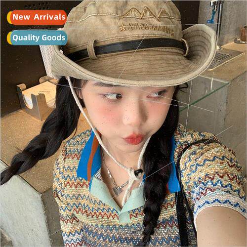 Western hot girl cowboy hat female retro washed drawstring f