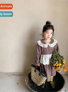 Girls plaid dress spring childrens Korean lace baby skirt la