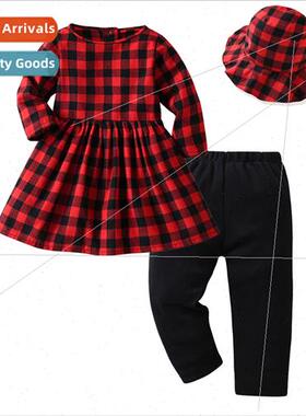 New fall red and black check girls long-sleeved dress tight