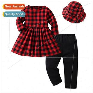 New fall red and black check girls long-sleeved dress tight