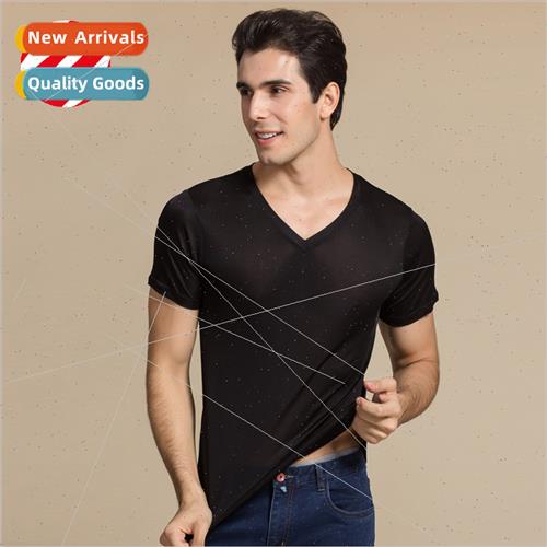 summer new men silk V-neck short-sleeved T-shirt mulberry si