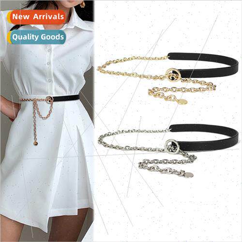 Thin belt female ins pants chain splicing round buckle decor