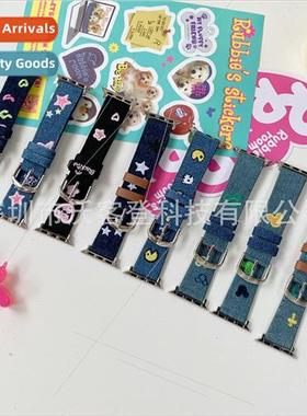 适用Apple Embroidered Denim Leather Leather Watch Bapple wat