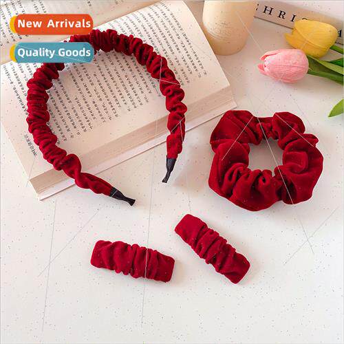 Red velvet ruffled hair clips female winter side side clip p