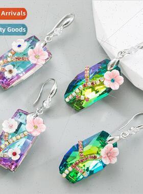 Europe Retro Flower 925 lver Needle Earrings xury Crystal Sq