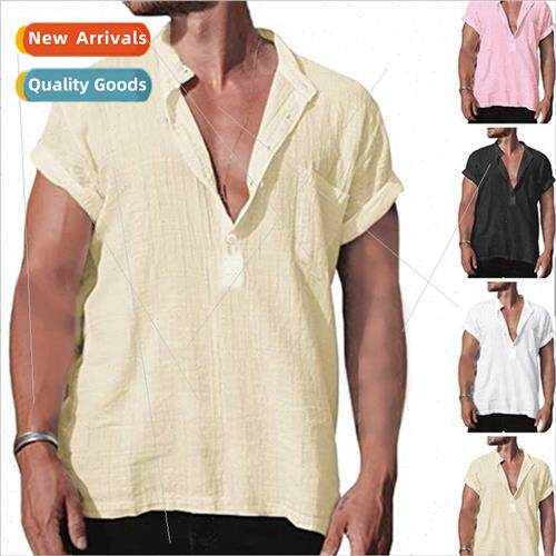 2023 Men Summer nen Loose Standing Collar Solid Color Pocket