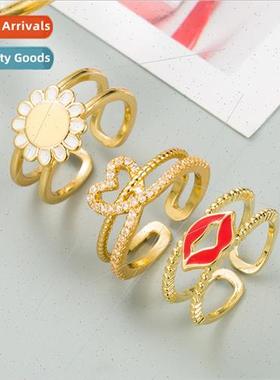 Europe Double Row Heart Floral Ring Hollowed Out Ring Copper