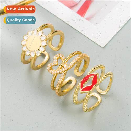 Europe Double Row Heart Floral Ring Hollowed Out Ring Copper