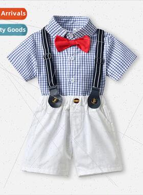 2021 Boys Summer Plaid Short Sleeve Cotton Shirt Bib Shorts