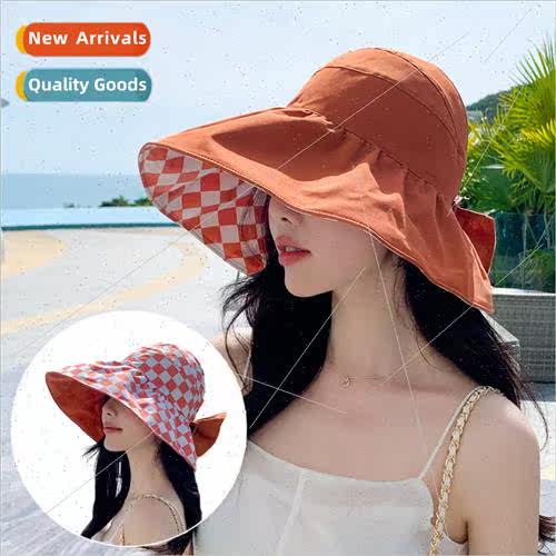 2023 Korean  hat female checkerboard checkerboard bow double