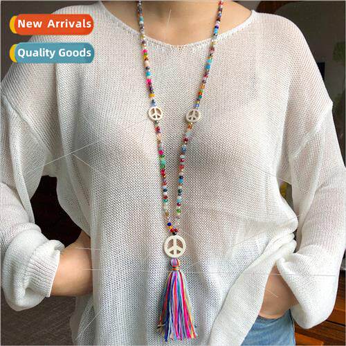Europe long tassel crystal beaded necklace women turquoise p