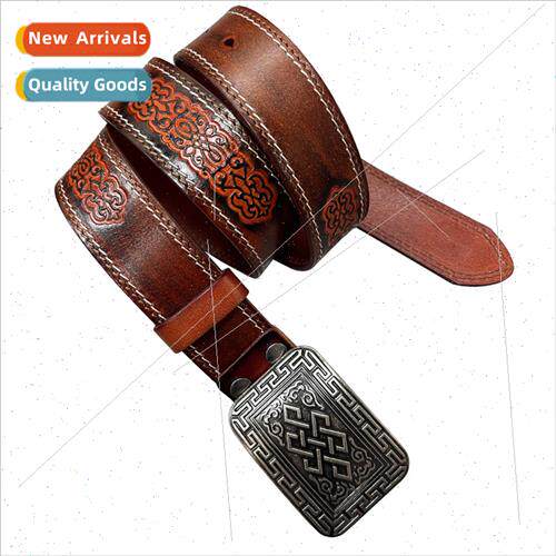 Carved Leather Men Women Chinese Belt Capture Printed Ethnic