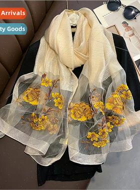 Chinese new floral silk wool scarf women embroidered silk sc
