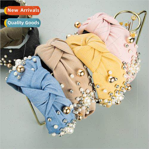 Korea new pearl bow hair bands knotted wide headband fabric