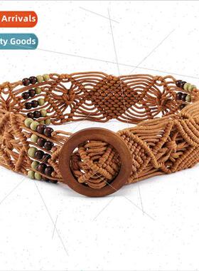 Europe bohemian waxed rope braided belt women wooden buckle