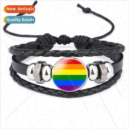 Fashion new rainbow flag time gemstone cowhide bracelet mult