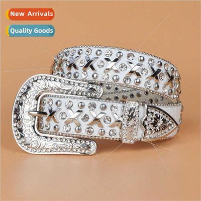 Rhinestone belt women fashion versatile inlaid rivets wide b