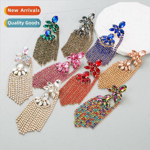 Europe new earrings inlaid diamond multi-layer floral tassel