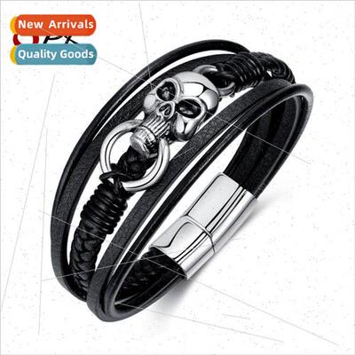 HWoven Multi-Layer Men Leather Bracelet Stainless Steel Hip