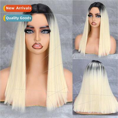 Europe wig women black blonde gradient center parted long ba