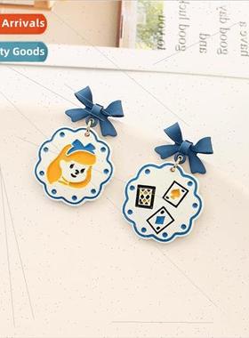 Asymmetrical blue bow earrings cartoon princess cute girls s
