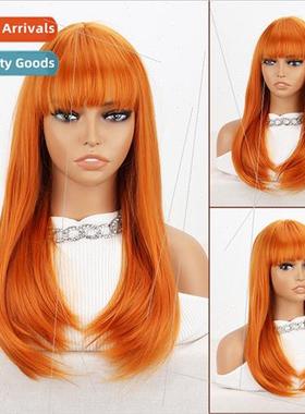 Orange bangs long in-button wig head cover Fiberized mechani