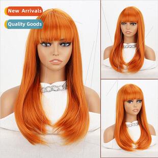Orange bangs long in-button wig head cover Fiberized mechani