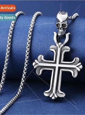 Men punk skull crossbones pendant tanium steel necklace domi