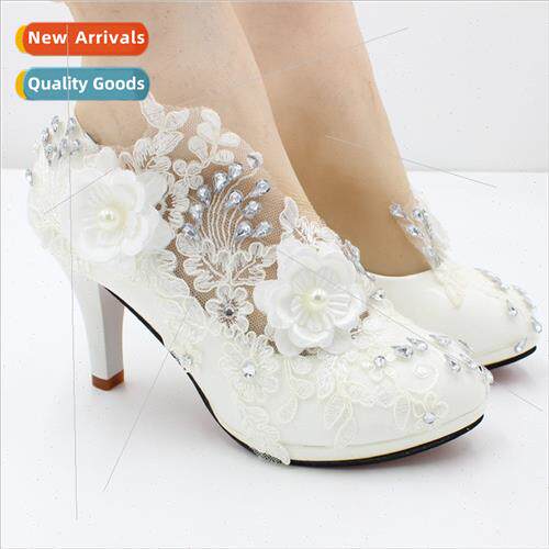Cubic flowers white lace high heels spring new wedding shoes